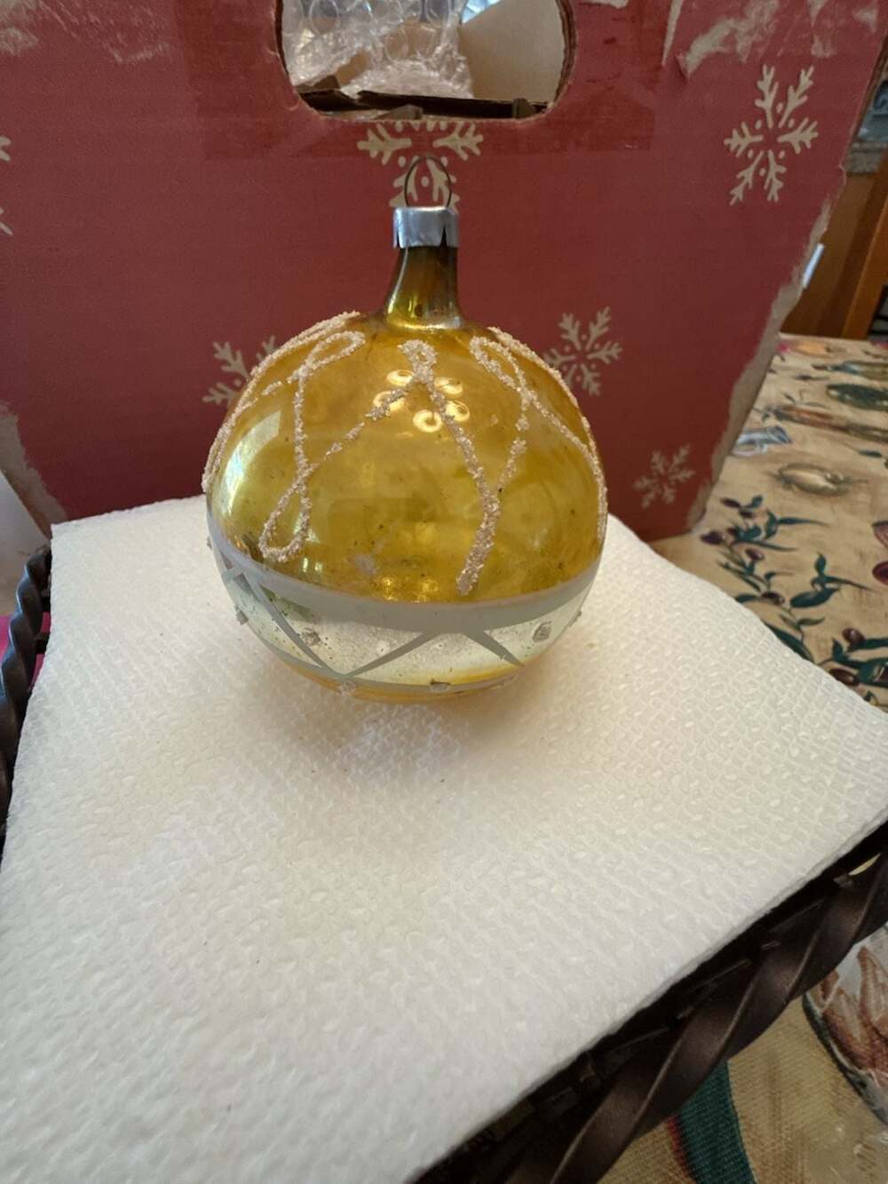 Vtg West Germany Mercury Glass Ornament Yellow Gold Glitter Swirl